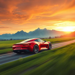 A beautifully crafted digital art piece depicting a sleek and modern sports car, racing through a picturesque landscape at dusk