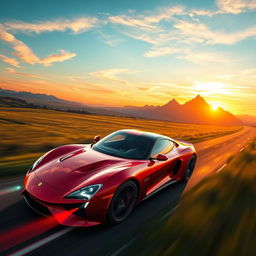 A beautifully crafted digital art piece depicting a sleek and modern sports car, racing through a picturesque landscape at dusk