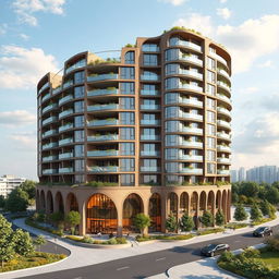 A beautiful residential and commercial building with a winding, bionic, and futuristic design, rising up to 15 floors
