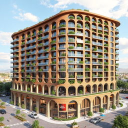 A beautiful residential and commercial building with a winding, bionic, and futuristic design, rising up to 15 floors