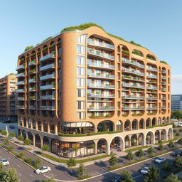 A beautiful residential and commercial building with a winding, bionic, and futuristic design, rising up to 15 floors