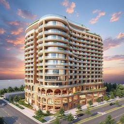 A beautiful residential and commercial building with a winding, bionic, and futuristic design, rising up to 15 floors