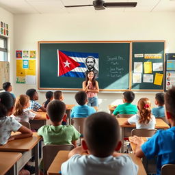 A modern elementary school classroom featuring students sitting at their desks, attentively listening to their teacher who is actively conducting the lesson