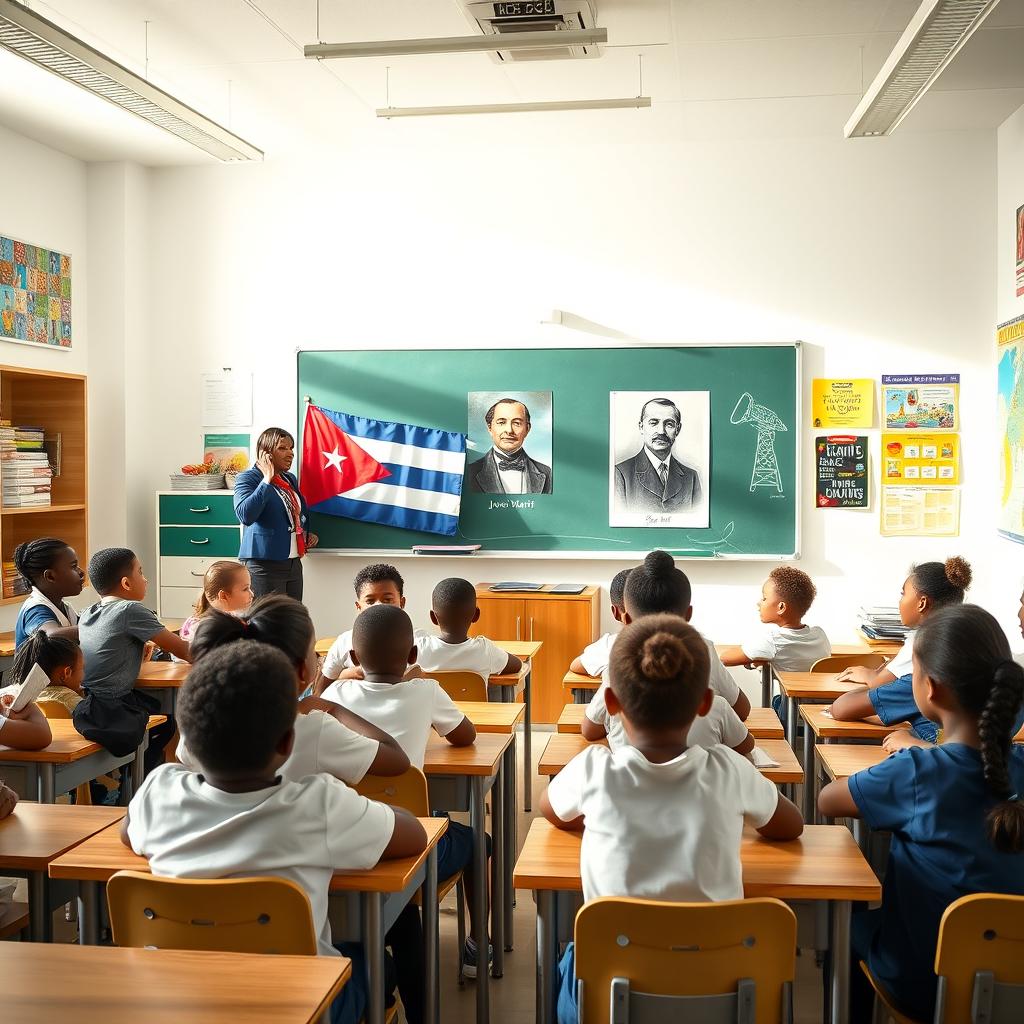 A modern elementary school classroom featuring students sitting at their desks, attentively listening to their teacher who is actively conducting the lesson