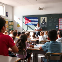 A modern elementary school classroom featuring students sitting at their desks, attentively listening to their teacher who is actively conducting the lesson