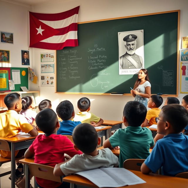 A modern elementary school classroom featuring students sitting at their desks, attentively listening to their teacher who is actively conducting the lesson