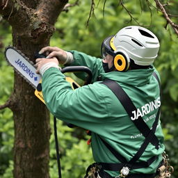 A worker is depicted climbing a tree, equipped with a helmet and protective goggles