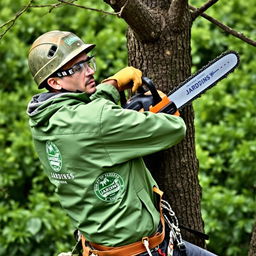 A worker is depicted climbing a tree, equipped with a helmet and protective goggles