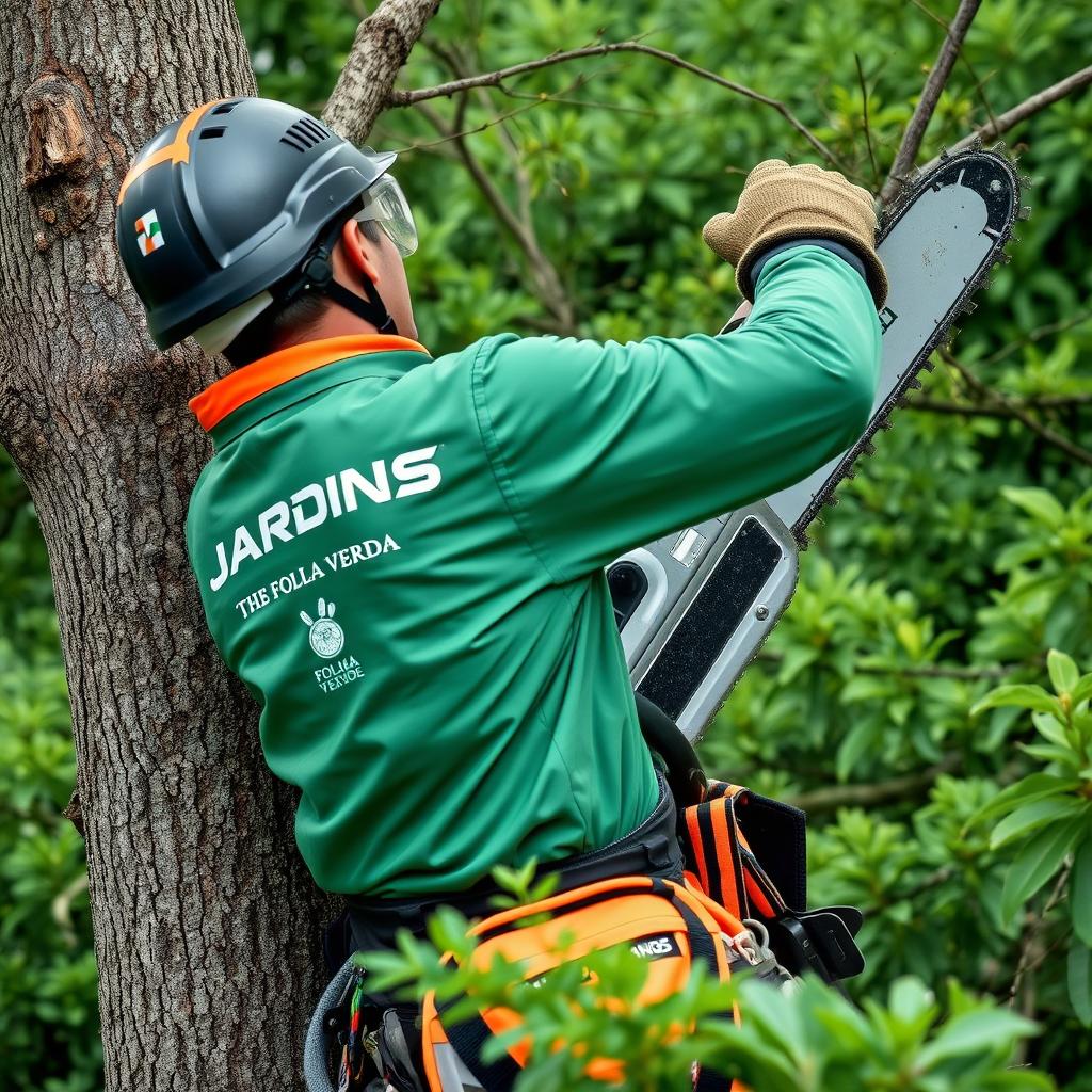 A worker is depicted climbing a tree, equipped with a helmet and protective goggles