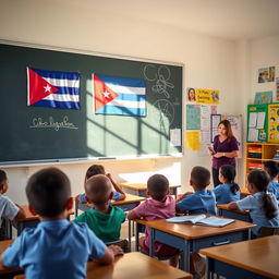 A modern elementary school classroom with a few students sitting at their desks, attentively engaged in the lesson being taught by their teacher