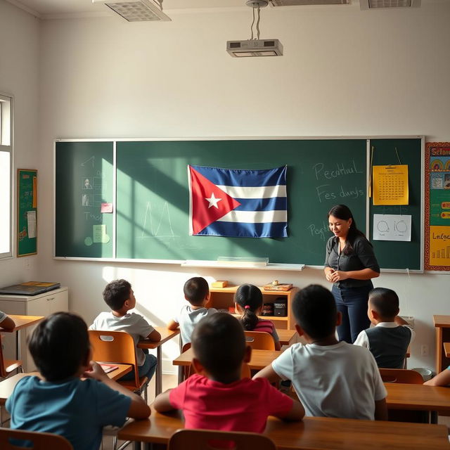 A modern elementary school classroom with a few students sitting at their desks, attentively engaged in the lesson being taught by their teacher