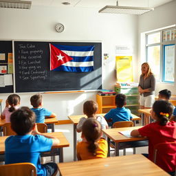 A modern elementary school classroom with a few students sitting at their desks, attentively engaged in the lesson being taught by their teacher