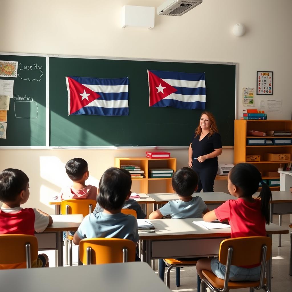 A modern elementary school classroom with a few students sitting at their desks, attentively engaged in the lesson being taught by their teacher