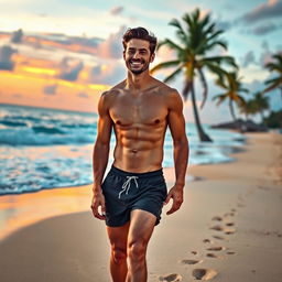 A handsome man walking confidently along a beautiful beach during sunset