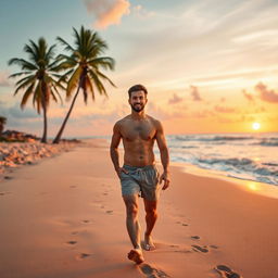 A handsome man walking confidently along a beautiful beach during sunset