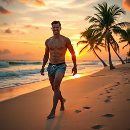 A handsome man walking confidently along a beautiful beach during sunset