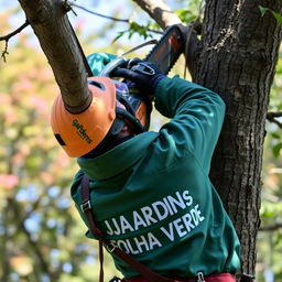A worker is seen climbing a tree, equipped with a helmet and protective goggles