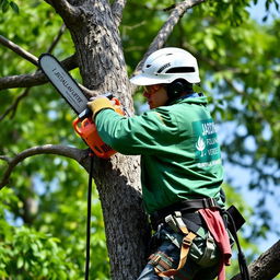 A worker is seen climbing a tree, equipped with a helmet and protective goggles