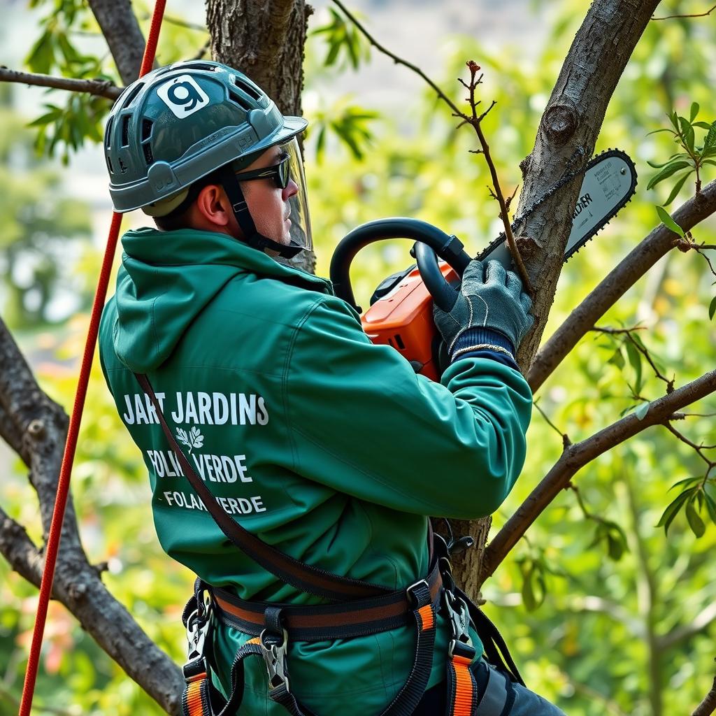 A worker is seen climbing a tree, equipped with a helmet and protective goggles