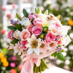 An elegant bouquet of flowers featuring a mix of vibrant roses, delicate lilies, and cheerful daisies, arranged in a sophisticated style