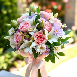 An elegant bouquet of flowers featuring a mix of vibrant roses, delicate lilies, and cheerful daisies, arranged in a sophisticated style