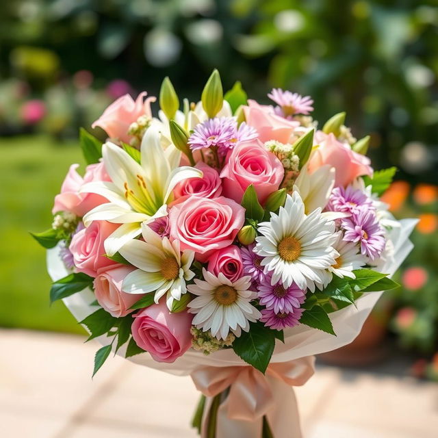 An elegant bouquet of flowers featuring a mix of vibrant roses, delicate lilies, and cheerful daisies, arranged in a sophisticated style