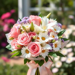 An elegant bouquet of flowers featuring a mix of vibrant roses, delicate lilies, and cheerful daisies, arranged in a sophisticated style