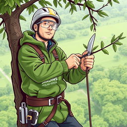 A worker is illustrated climbing a tree, wearing a helmet and protective goggles