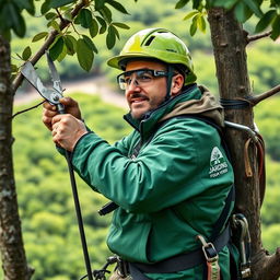 A worker is illustrated climbing a tree, wearing a helmet and protective goggles