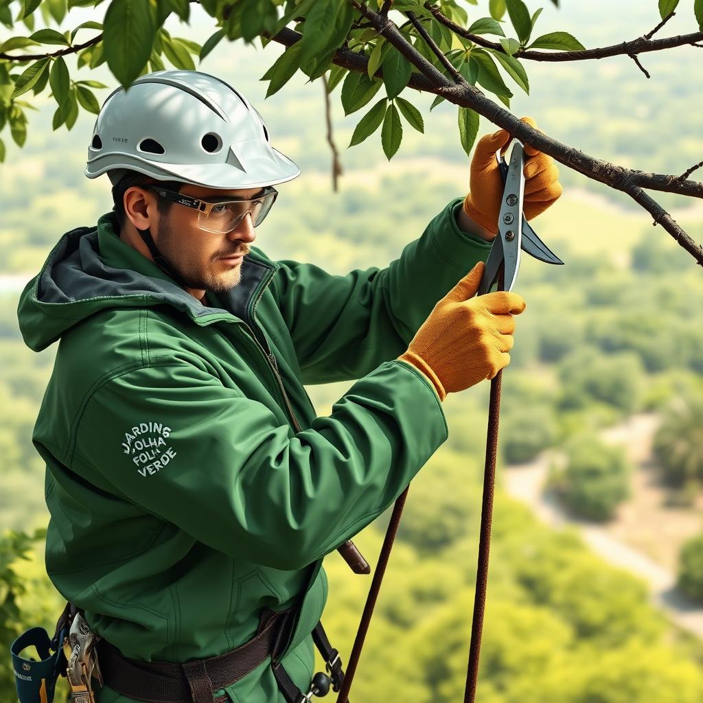 A worker is illustrated climbing a tree, wearing a helmet and protective goggles