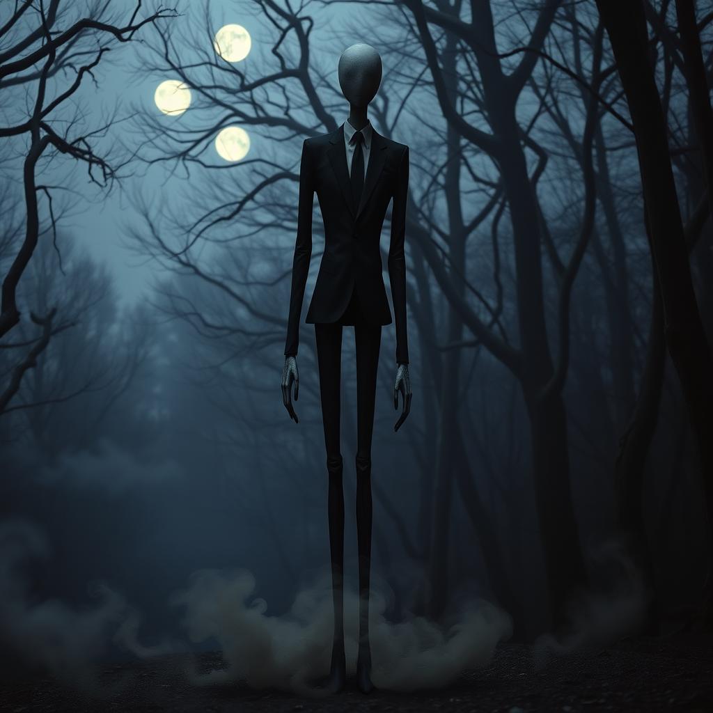 A surreal representation of a tall, slender figure inspired by Slenderman that resembles my girlfriend