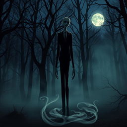 A surreal representation of a tall, slender figure inspired by Slenderman that resembles my girlfriend