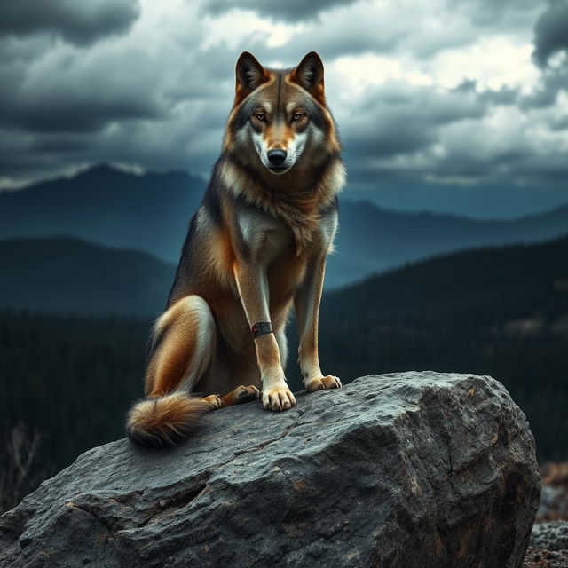 A wild and injured wolf sitting on a large rock