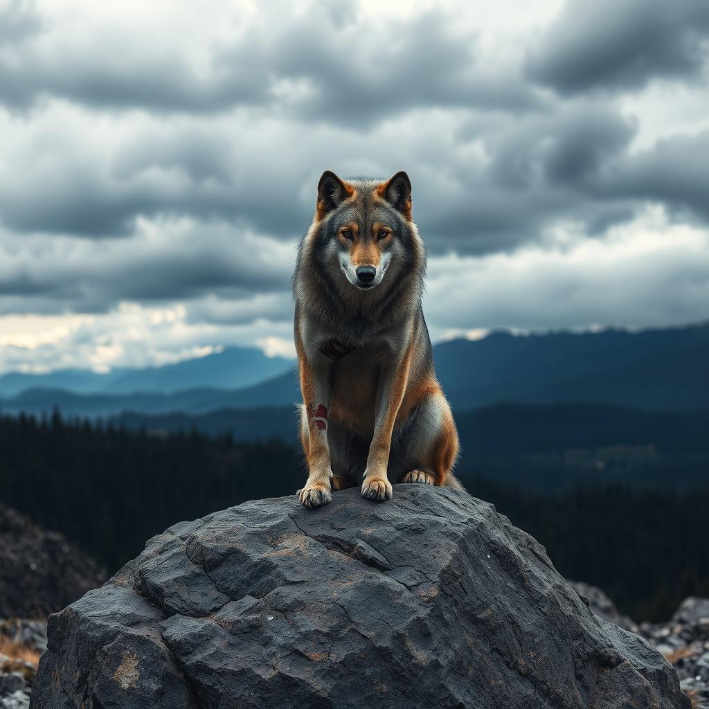 A wild and injured wolf sitting on a large rock