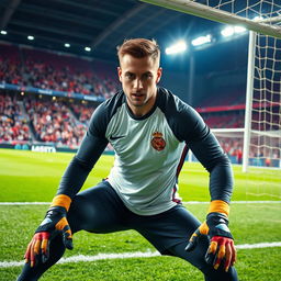 A professional goalkeeper dressed in a sleek and stylish long sleeve jersey, showcasing their athletic build while preparing to dive for a save