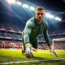 A professional goalkeeper dressed in a sleek and stylish long sleeve jersey, showcasing their athletic build while preparing to dive for a save