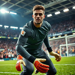 A professional goalkeeper dressed in a sleek and stylish long sleeve jersey, showcasing their athletic build while preparing to dive for a save