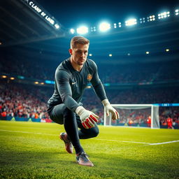 A professional goalkeeper dressed in a sleek and stylish long sleeve jersey, showcasing their athletic build while preparing to dive for a save