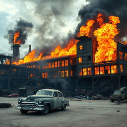 A large, abandoned factory engulfed in flames, showcasing a dramatic scene of fire and smoke