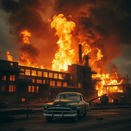 A large, abandoned factory engulfed in flames, showcasing a dramatic scene of fire and smoke