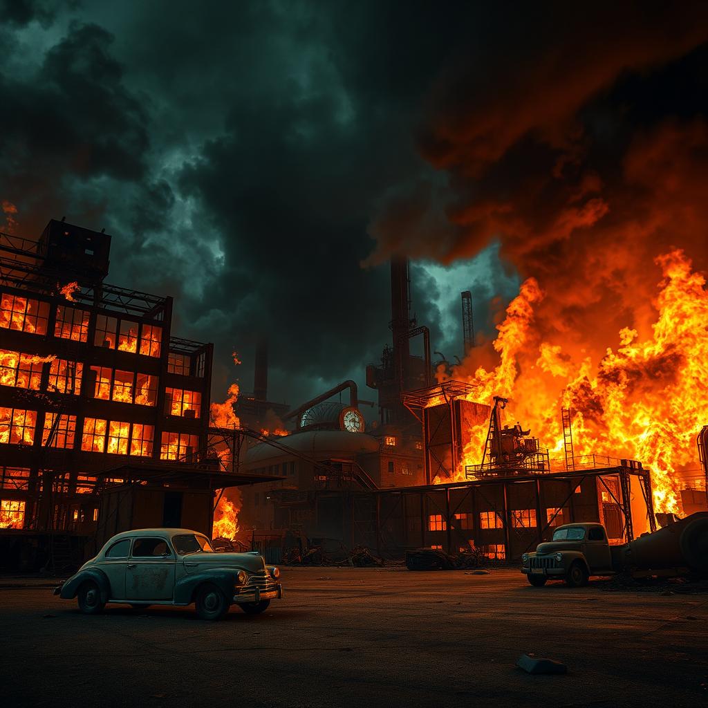 A large, abandoned factory engulfed in flames, showcasing a dramatic scene of fire and smoke