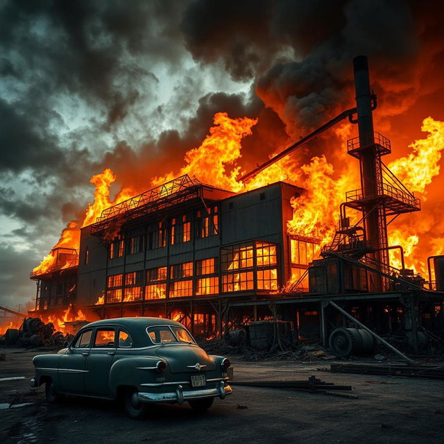 A large, abandoned factory engulfed in flames, showcasing a dramatic scene of fire and smoke