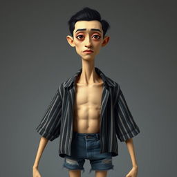 A pale yellow man with extremely long limbs, no beard or mustache