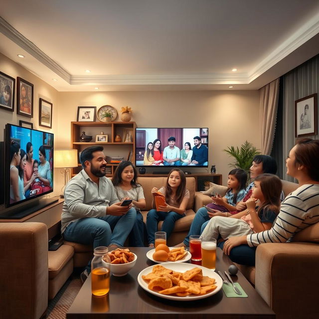 A warm and cozy family scene inside a contemporary living room, where a family is gathered together watching a modern television