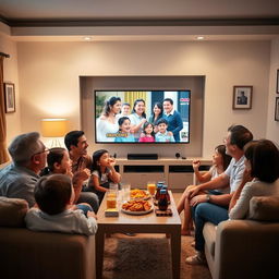 A warm and cozy family scene inside a contemporary living room, where a family is gathered together watching a modern television