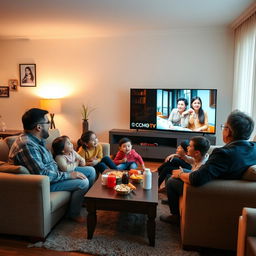 A warm and cozy family scene inside a contemporary living room, where a family is gathered together watching a modern television