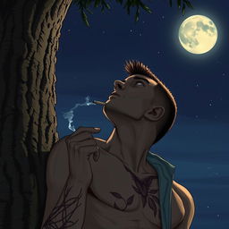 A wounded man with a buzz cut hairstyle leaning against a tree, smoking a cigarette, gazing up at the moon in the night sky