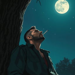 A wounded man with a buzz cut hairstyle leaning against a tree, smoking a cigarette, gazing up at the moon in the night sky