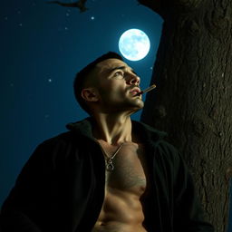 A wounded man with a buzz cut hairstyle leaning against a tree, smoking a cigarette, gazing up at the moon in the night sky