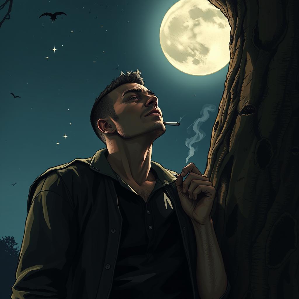 A wounded man with a buzz cut hairstyle leaning against a tree, smoking a cigarette, gazing up at the moon in the night sky